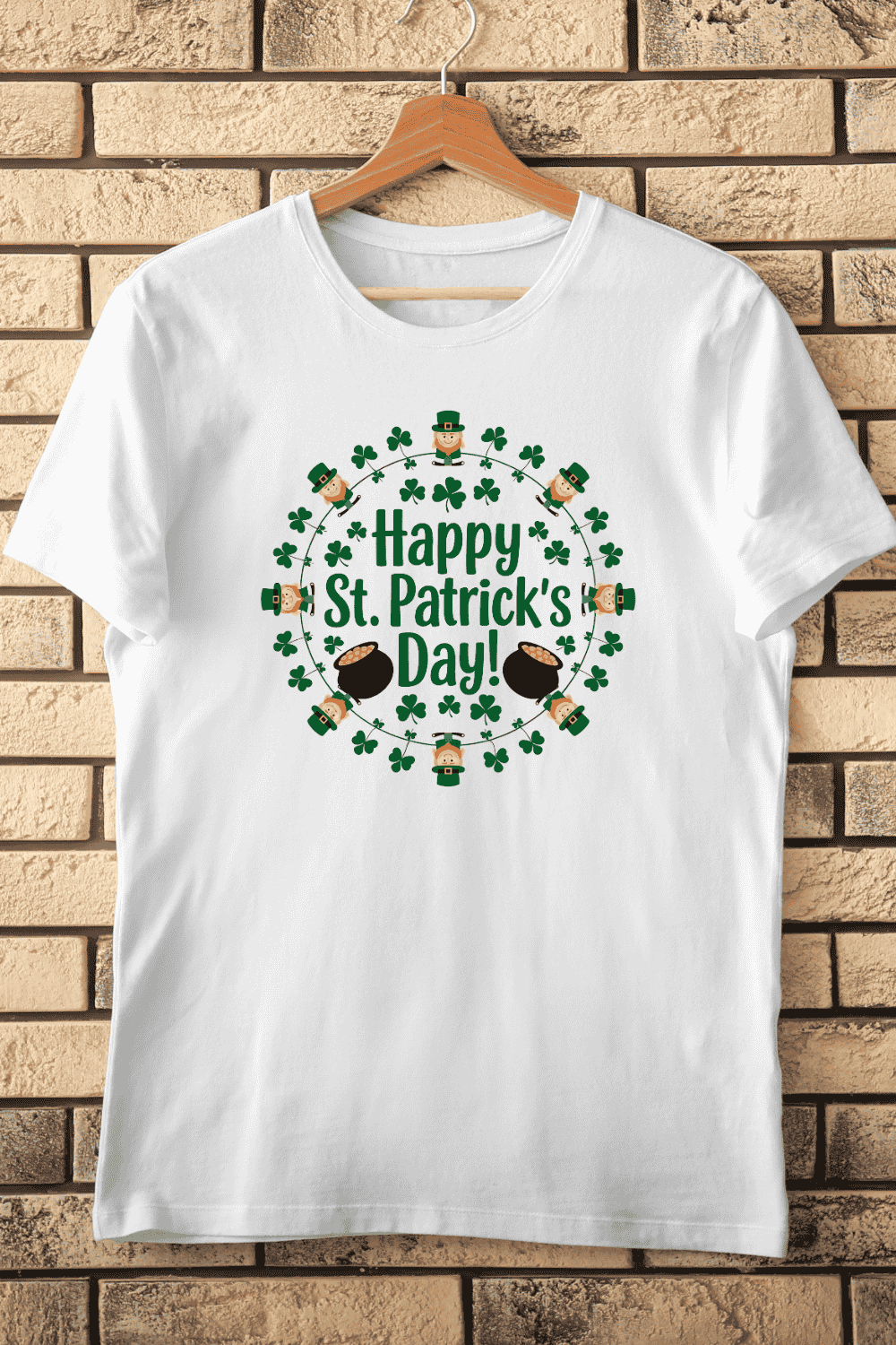 Happy St Patrick's Day Leprechaun, Shamrock, and Gold Wreath T-shirt Design pinterest preview image.