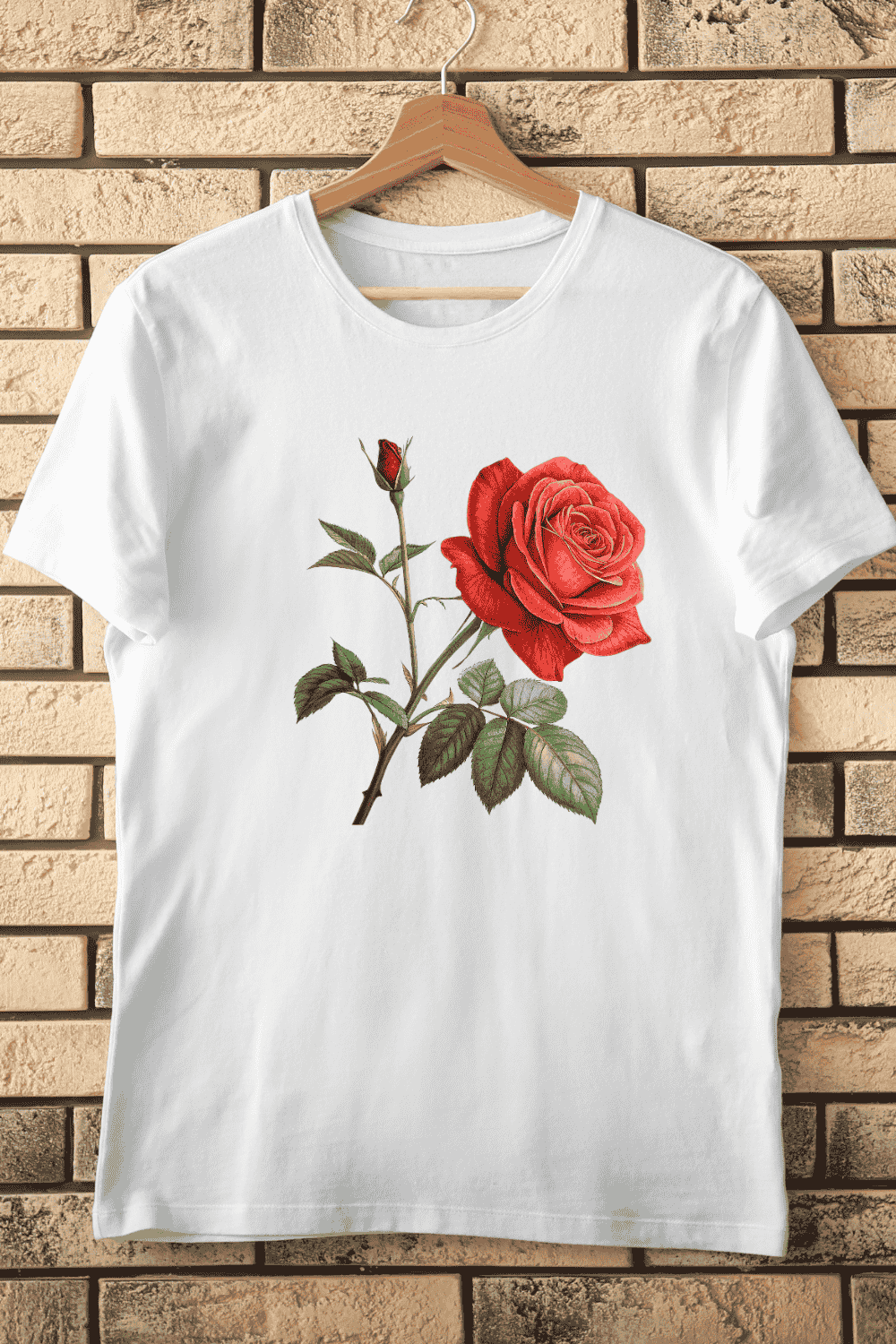 Deep Red Rose with Bud T-Shirt Design pinterest preview image.