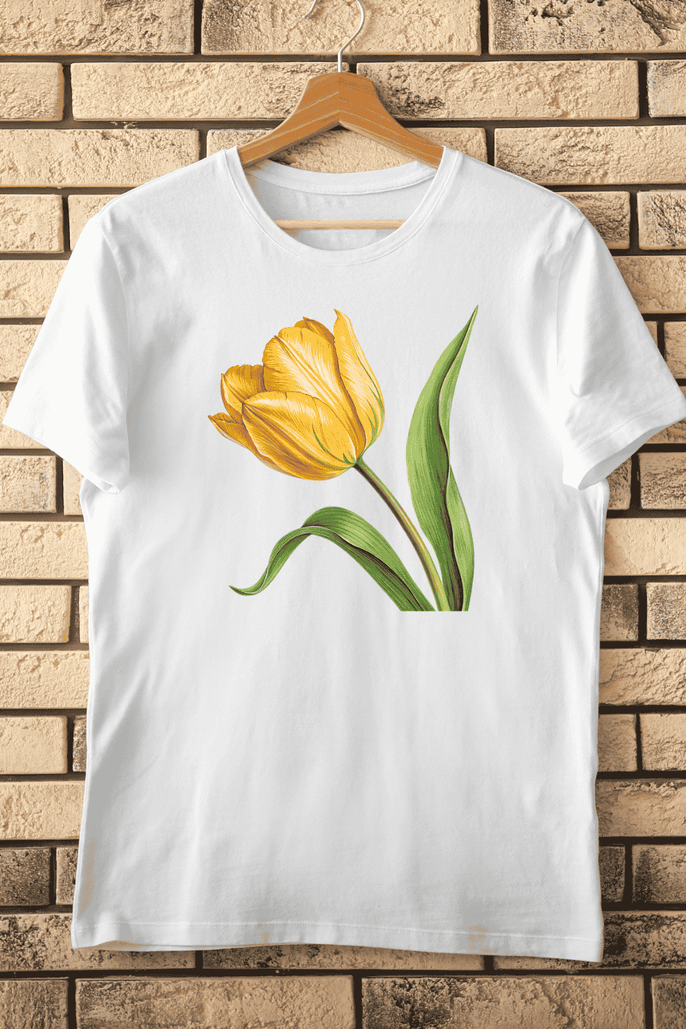 Yellow Tulip flower with leaves and stem T-Shirt Design pinterest preview image.