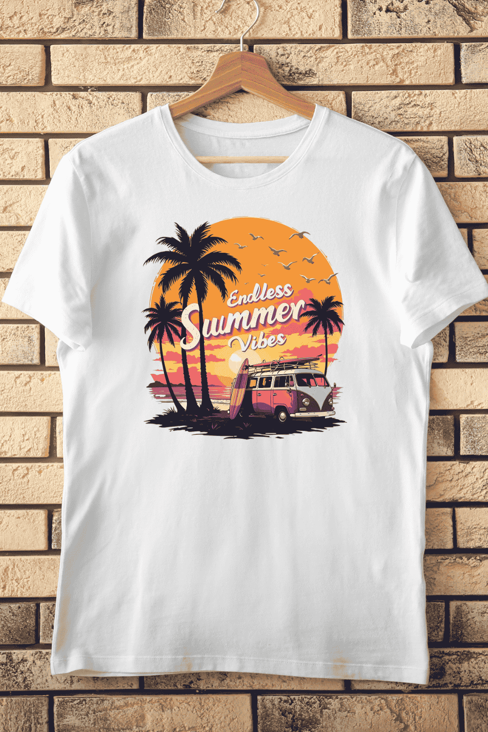 Tropical Sunset with Palm Trees and Van T-Shirt Design pinterest preview image.