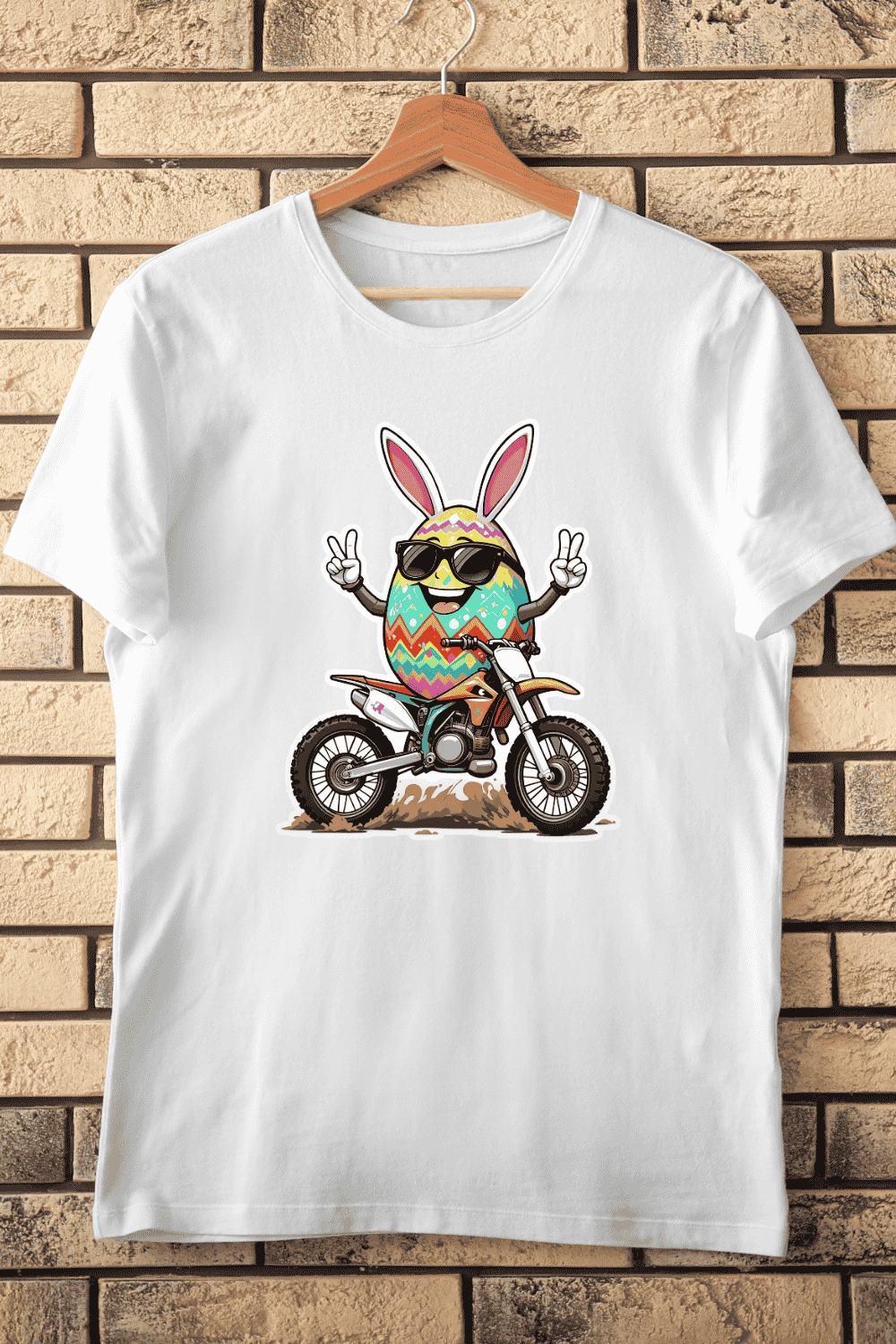 Egg Bunny on Motorbike T-shirt Design pinterest preview image.