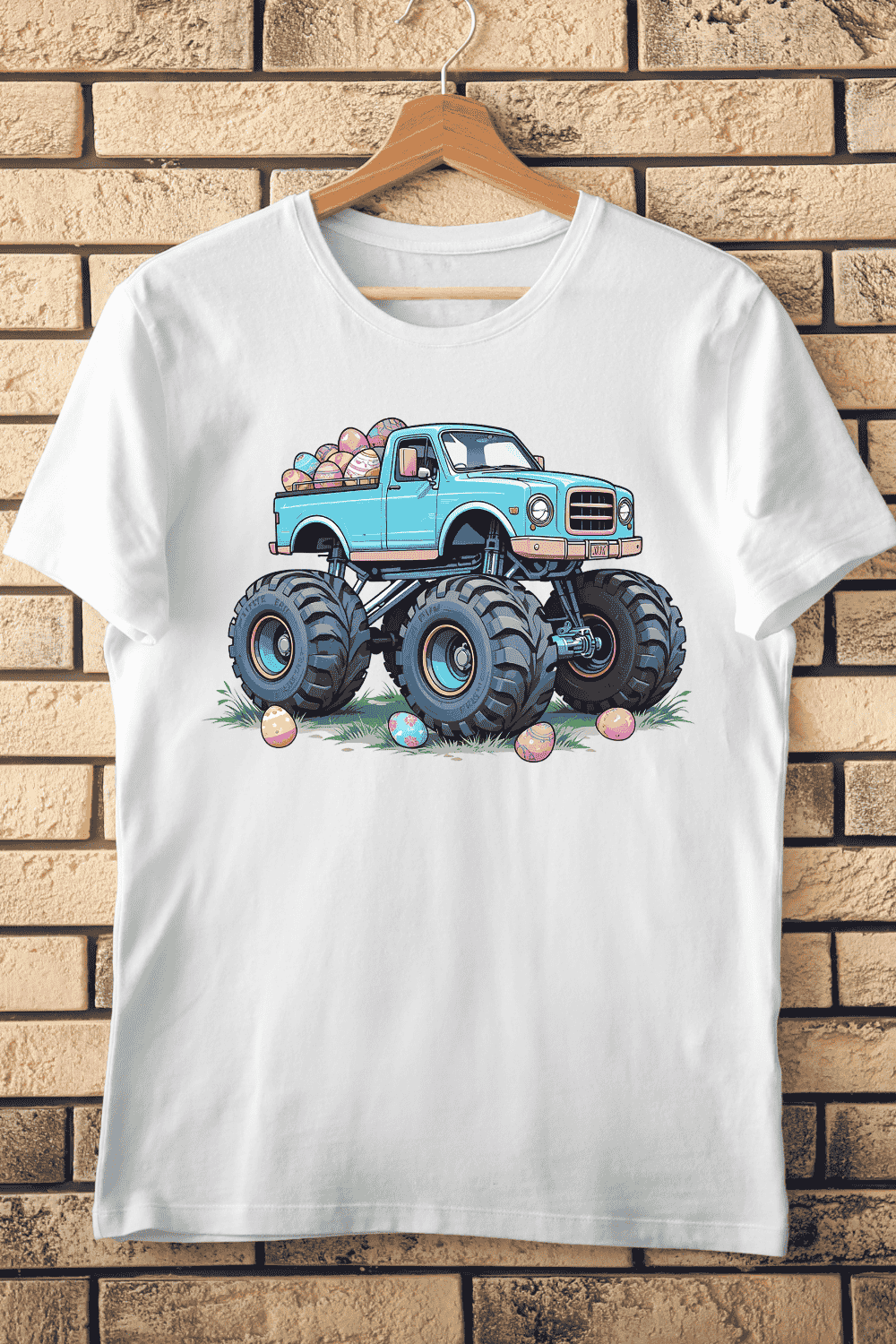 Cartoon Truck with Eggs T-shirt Design pinterest preview image.