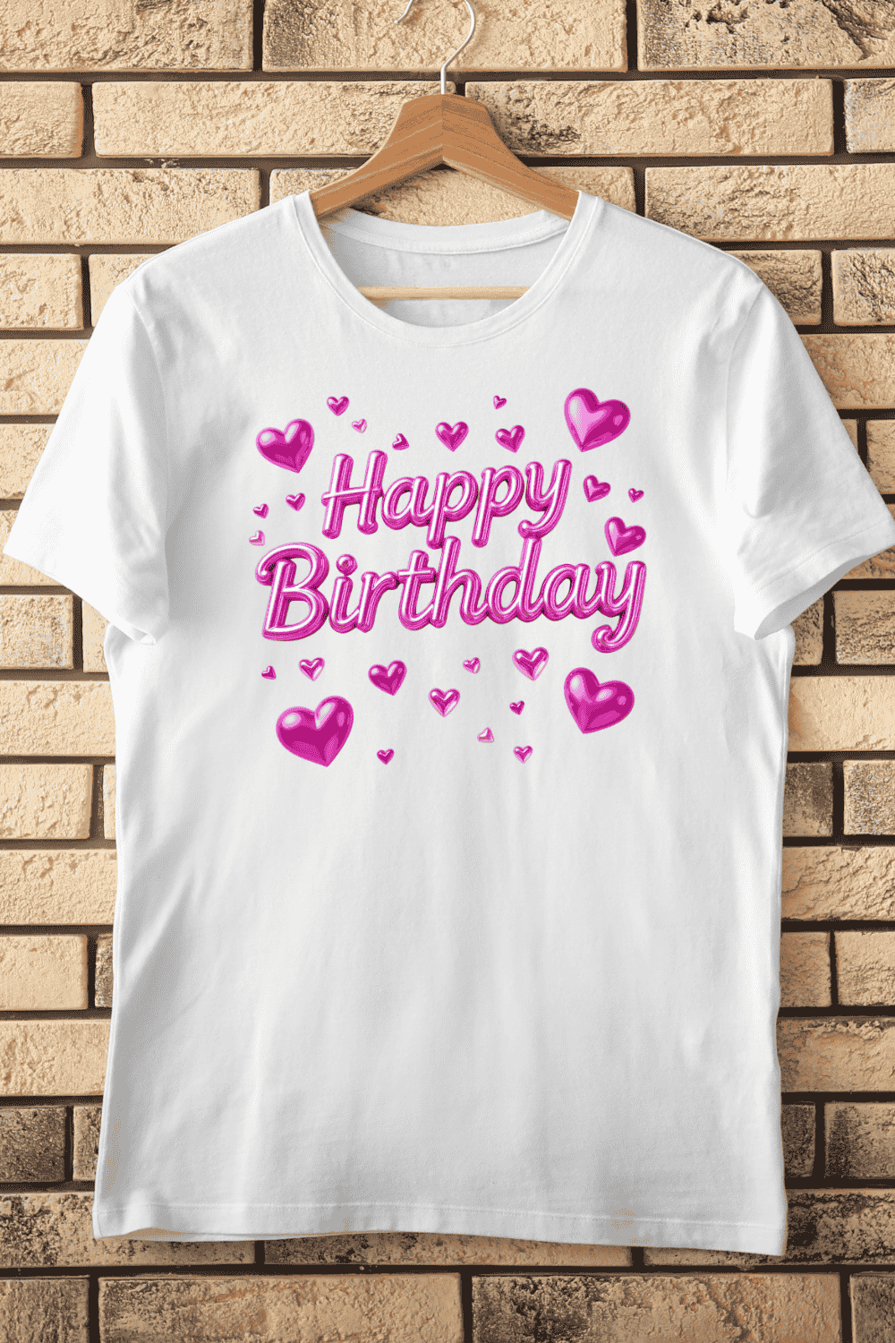 3D Happy Birthday with Pink Love Hearts T-Shirt Design pinterest preview image.