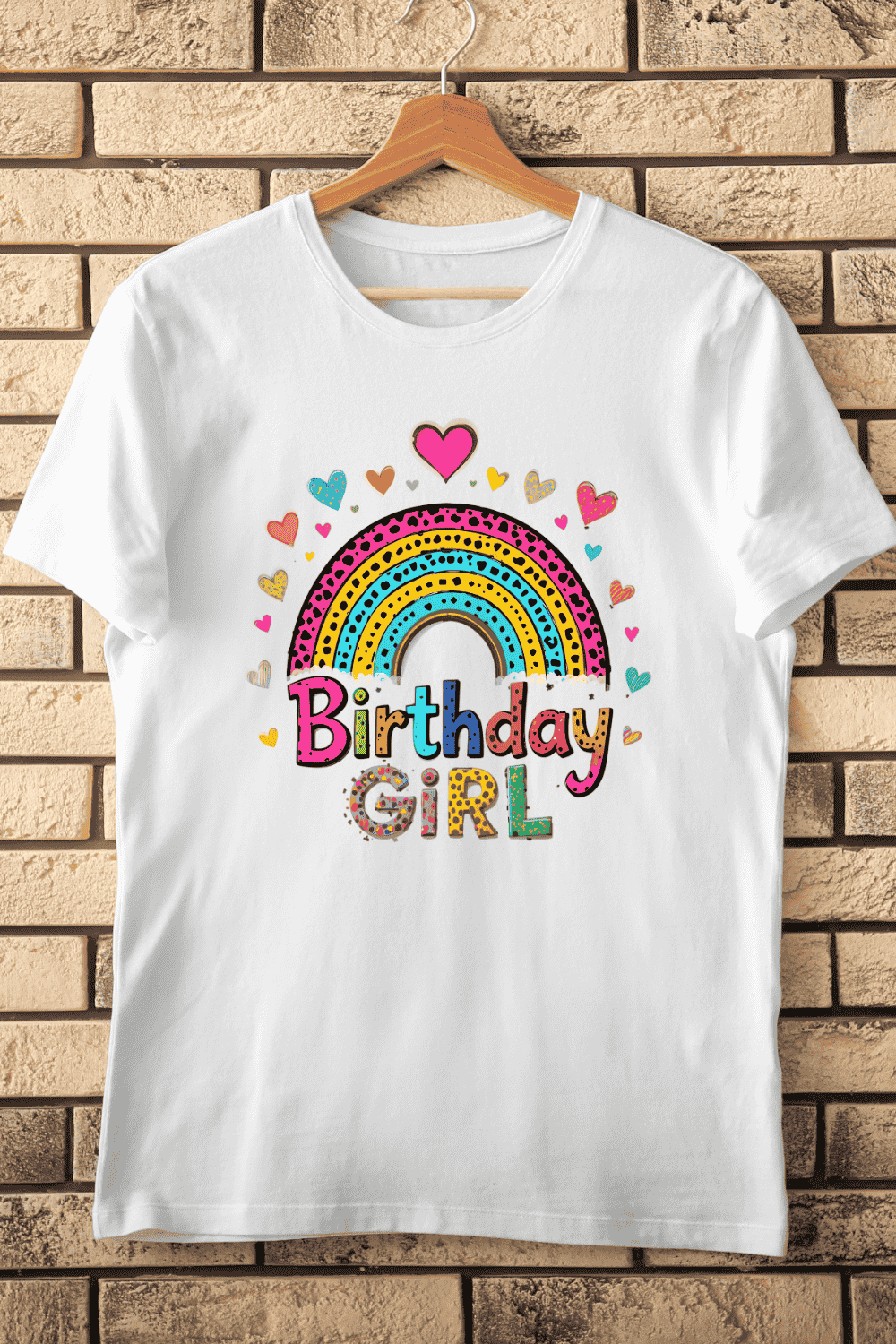 Whimsical Birthday Girl with Rainbow T-Shirt Design pinterest preview image.