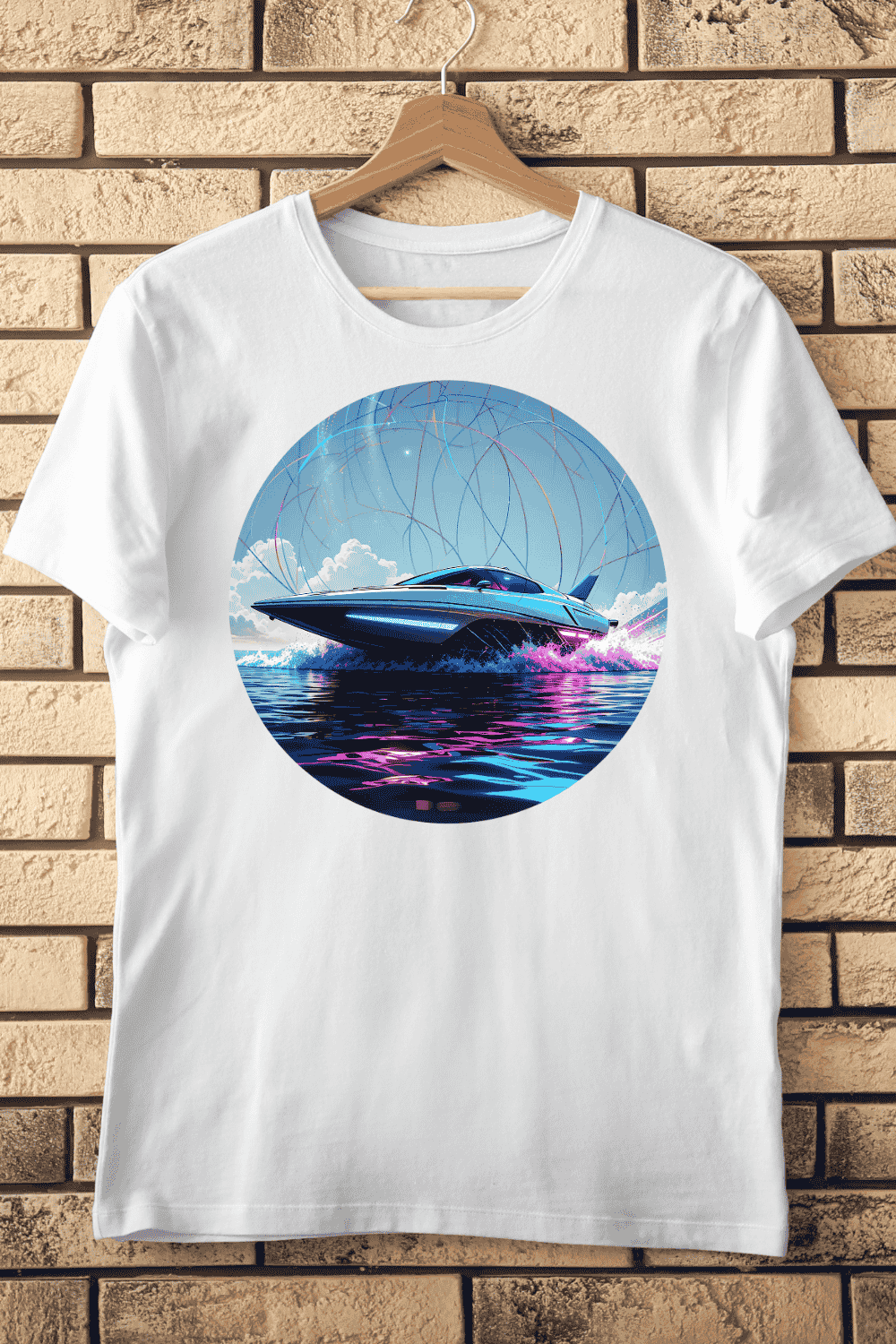 Futuristic Speedboat in Circle T-Shirt Design pinterest preview image.