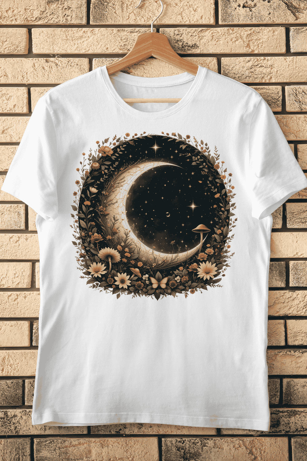 Crescent Moon Floral Fantasy T-shirt Design pinterest preview image.