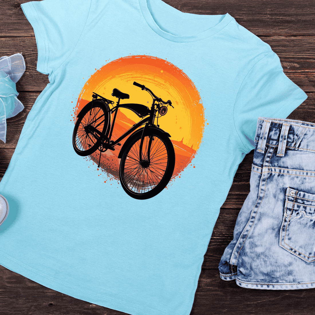 Retro Sunset Bicycle Silhouette T-shirt Design preview image.