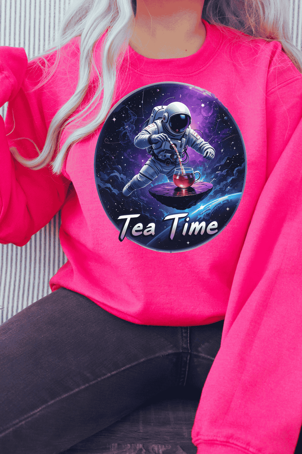 Astronaut Tea Time in Space T-shirt Design pinterest preview image.