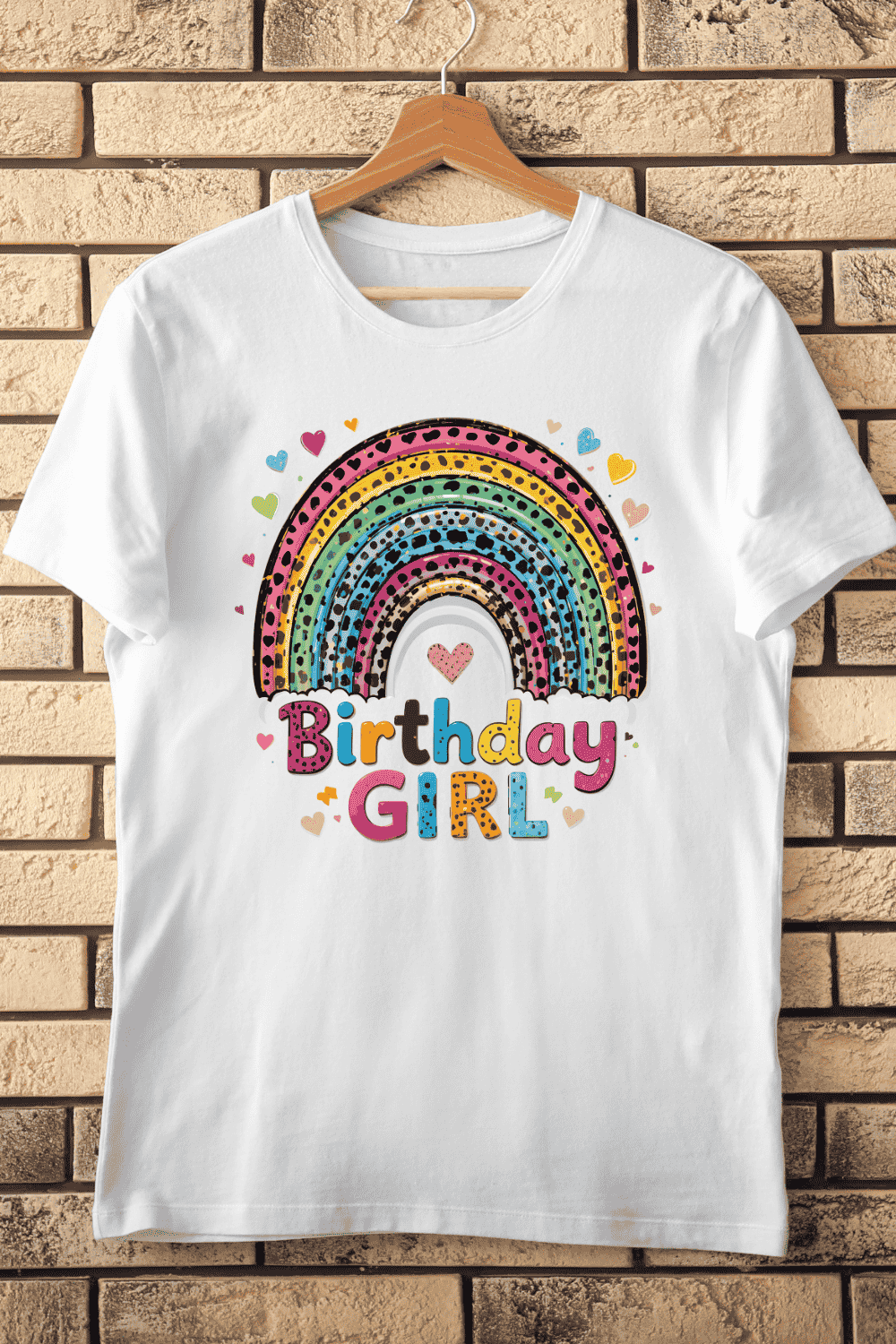 Colorful Birthday Girl with Hearts T-Shirt Design pinterest preview image.