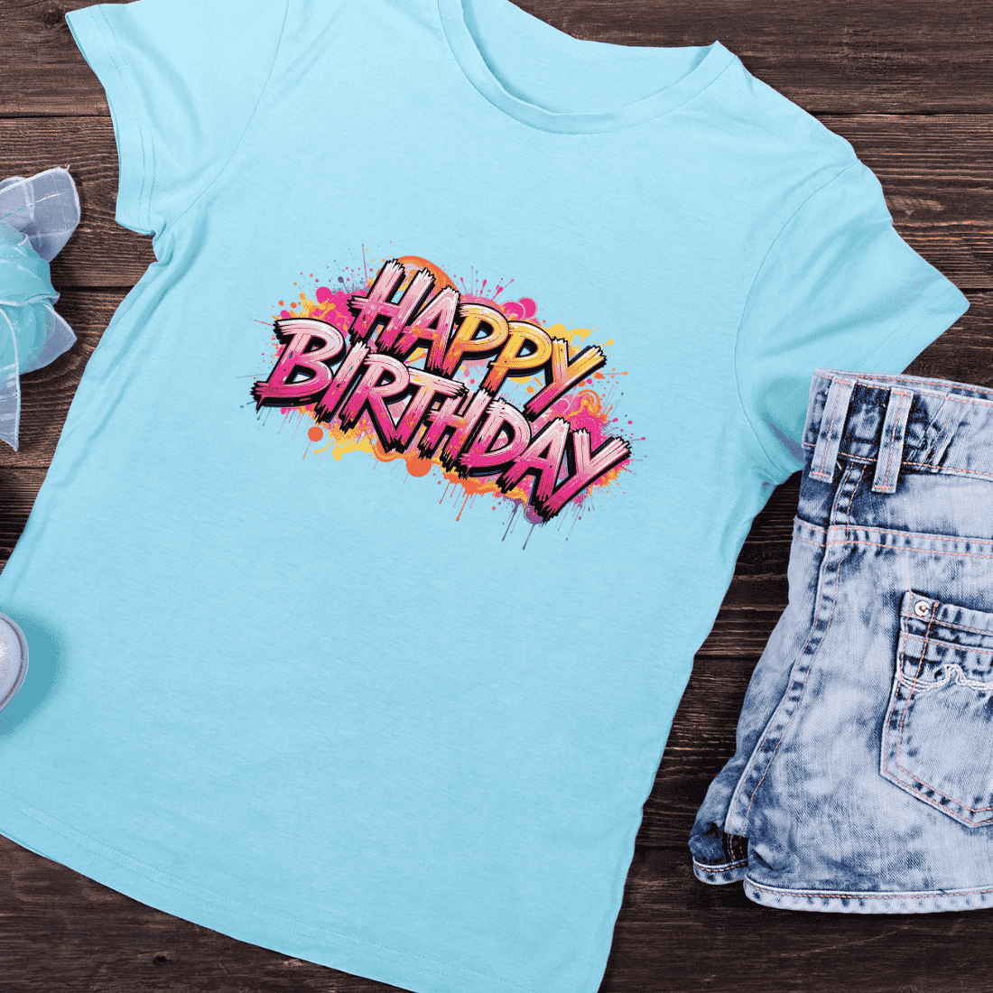 Colorful Birthday Typography with Splatter Effect T-Shirt Design preview image.