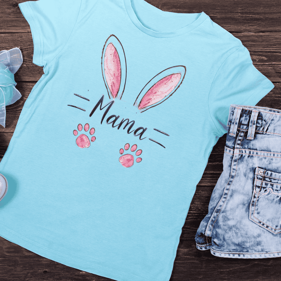 Cute Bunny Ears Mama T-shirt Design preview image.