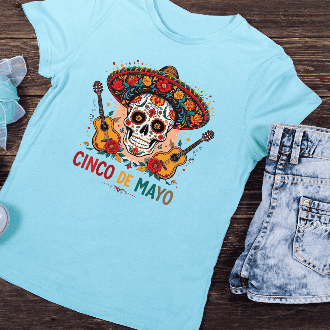 Cinco de Mayo Skull with Sombrero and Guitars T-Shirt Design preview image.