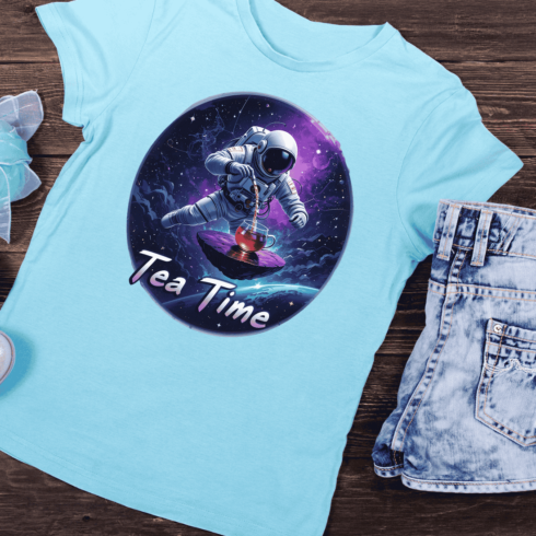 Astronaut Tea Time in Space T-shirt Design cover image.