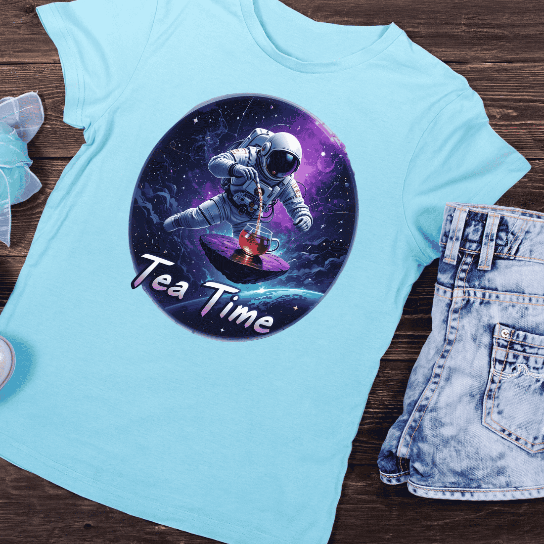 Astronaut Tea Time in Space T-shirt Design cover image.