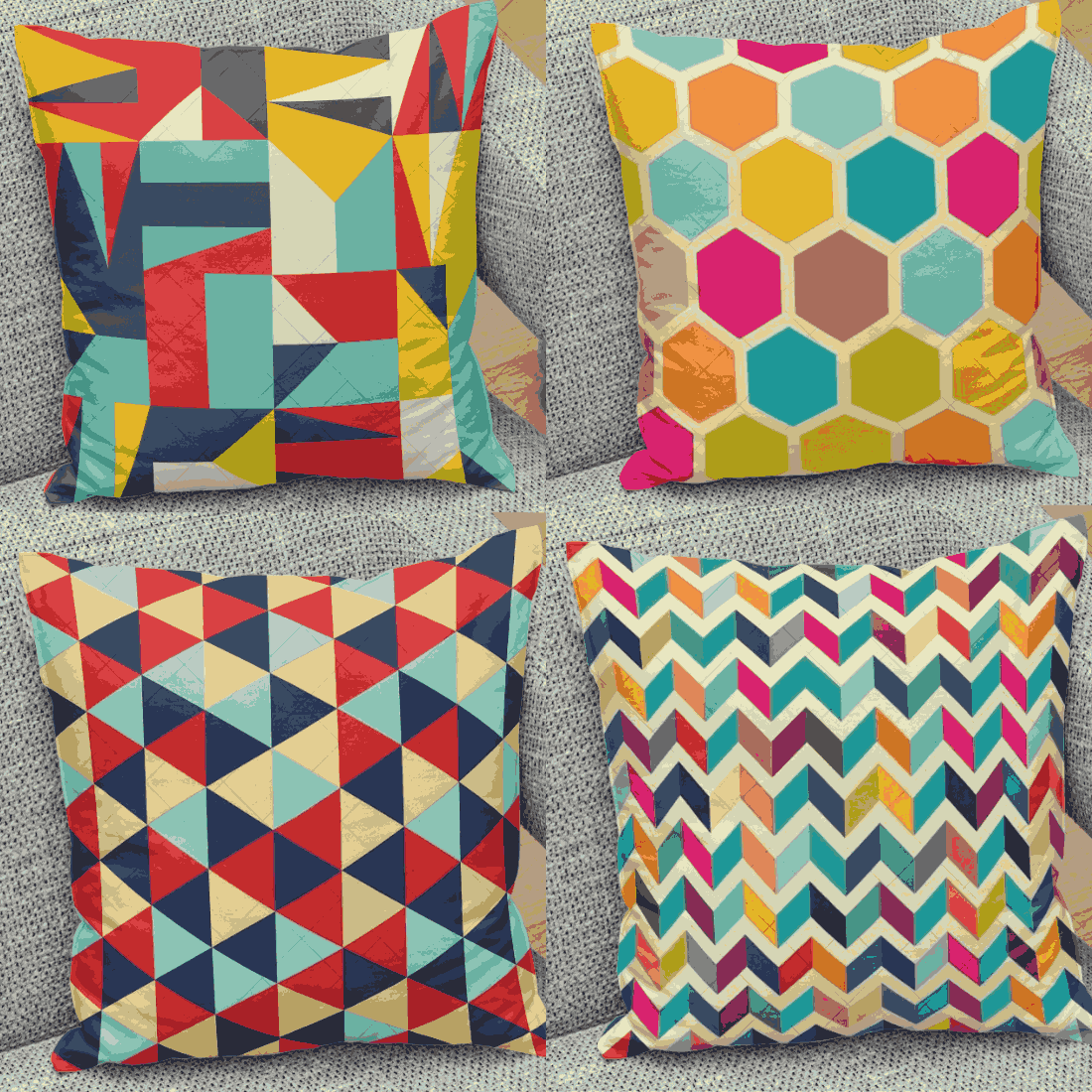 8 Colourfull textile pattern designs for pillows mockups cover image.