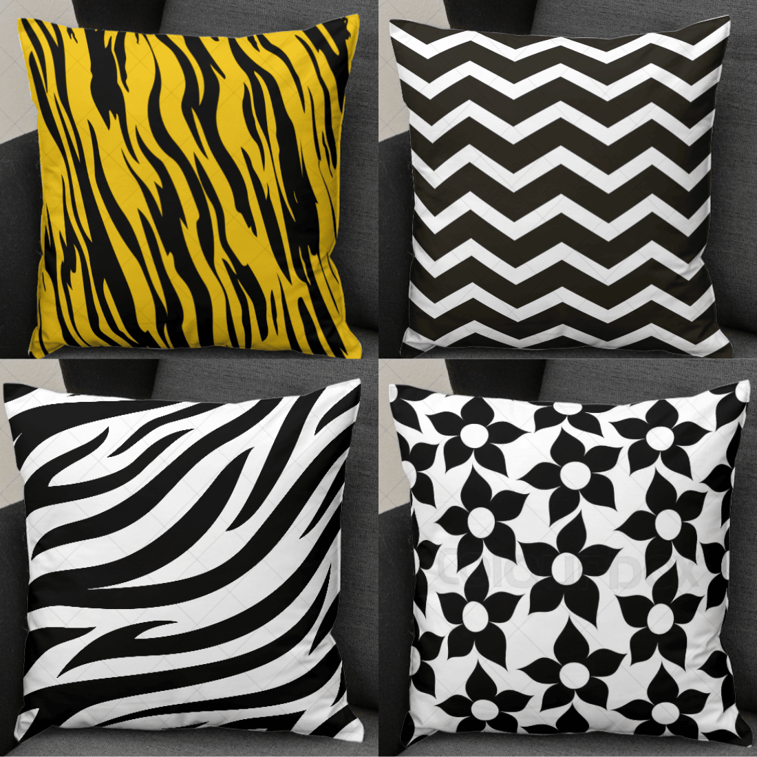 8 Colourfull textile pattern designs for pillows mockups preview image.