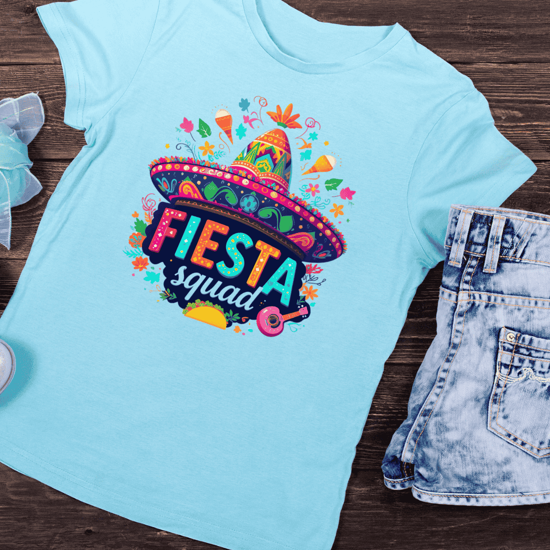 Colorful Fiesta Squad with Sombrero T-Shirt Design preview image.