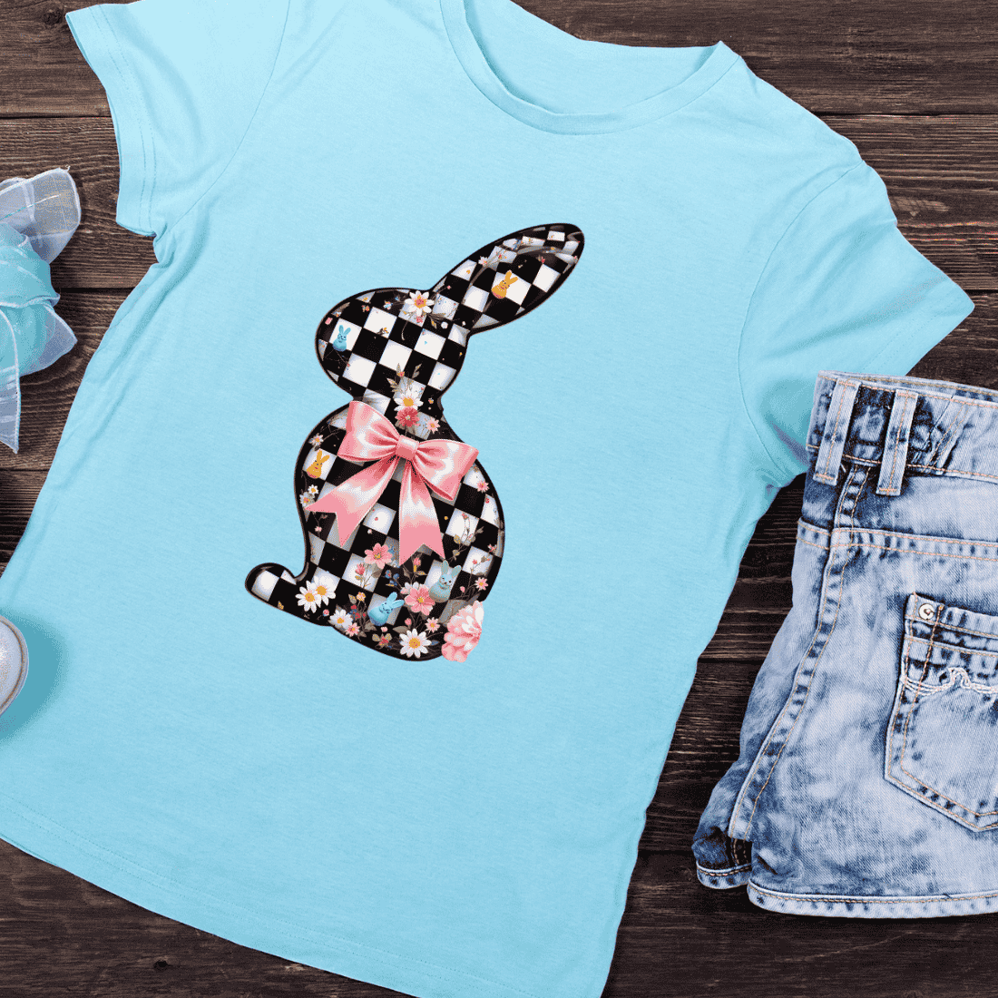 Checkered Bunny with Bow T-Shirt Design preview image.