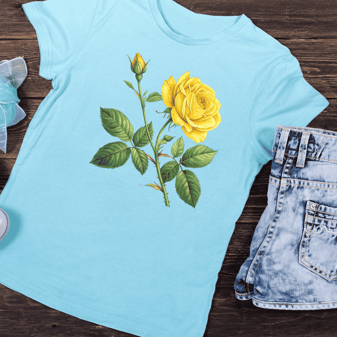 Vintage Yellow Rose Bloom T-Shirt Design preview image.