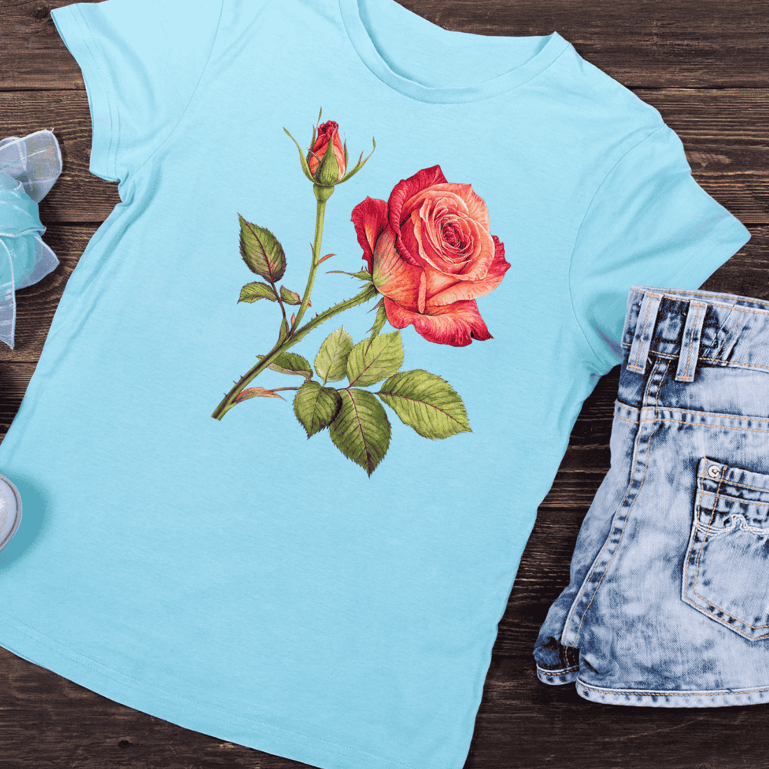 Botanical Rose with Bud T-Shirt Design preview image.