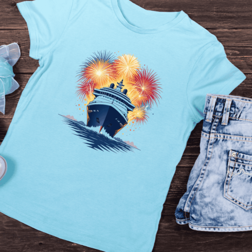 Cruise Ship with Bursting Fireworks T-shirt Design cover image.