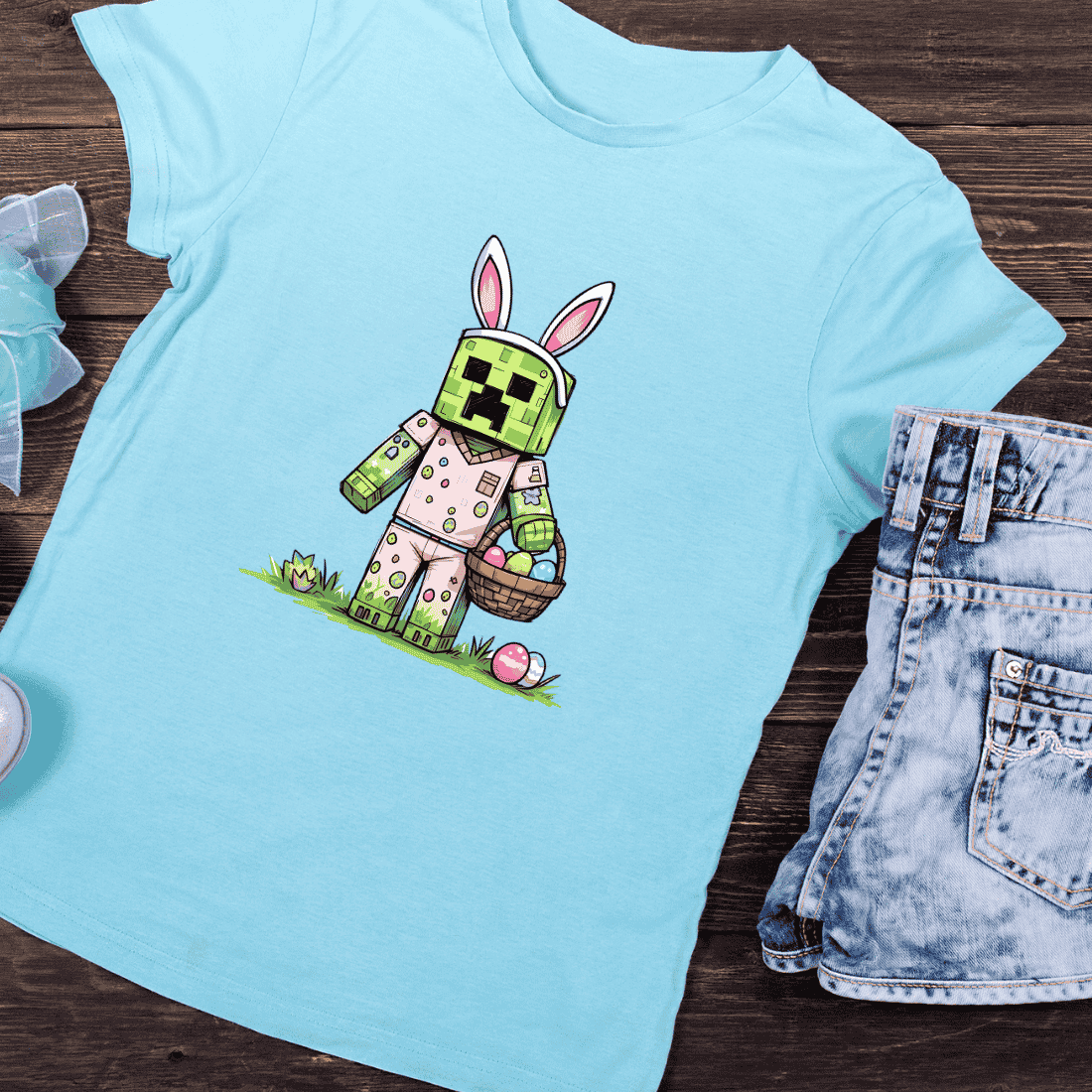 Minecraft Bunny Creeper T-Shirt Design preview image.