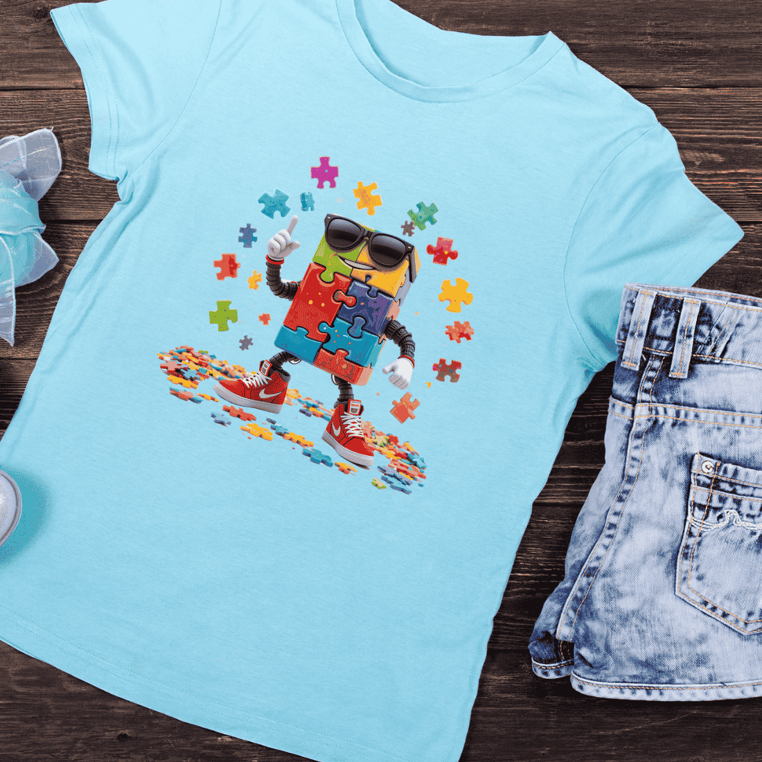 Colorful Jigsaw Character Art with Sneakers T-Shirt Design preview image.