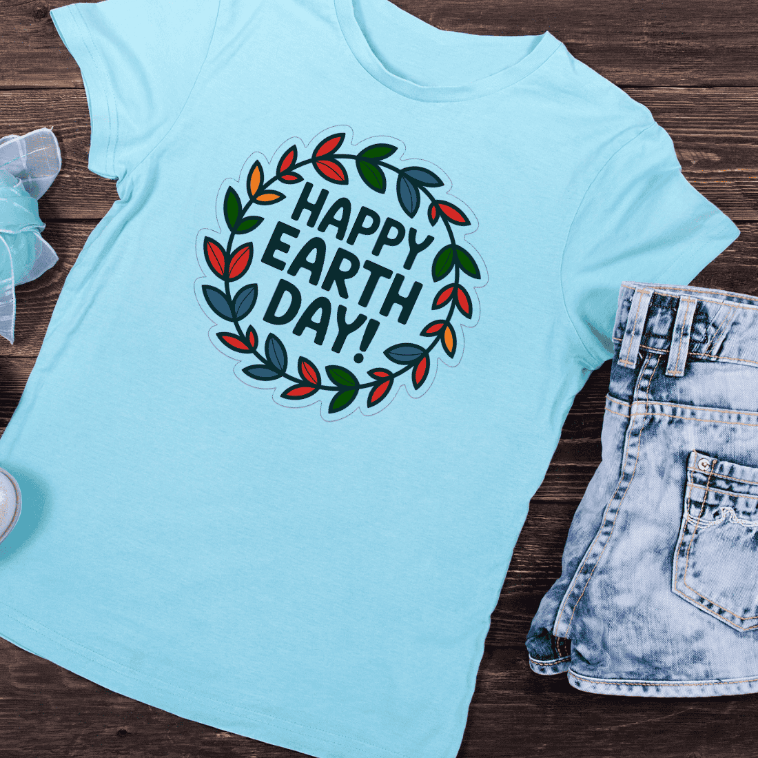 Happy Earth Day Wreath with Leaves T-shirt Design preview image.