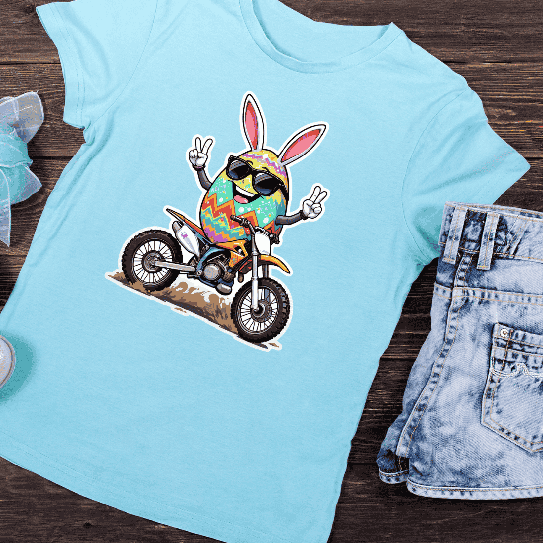 Egg Bunny on Motorbike T-shirt Design preview image.