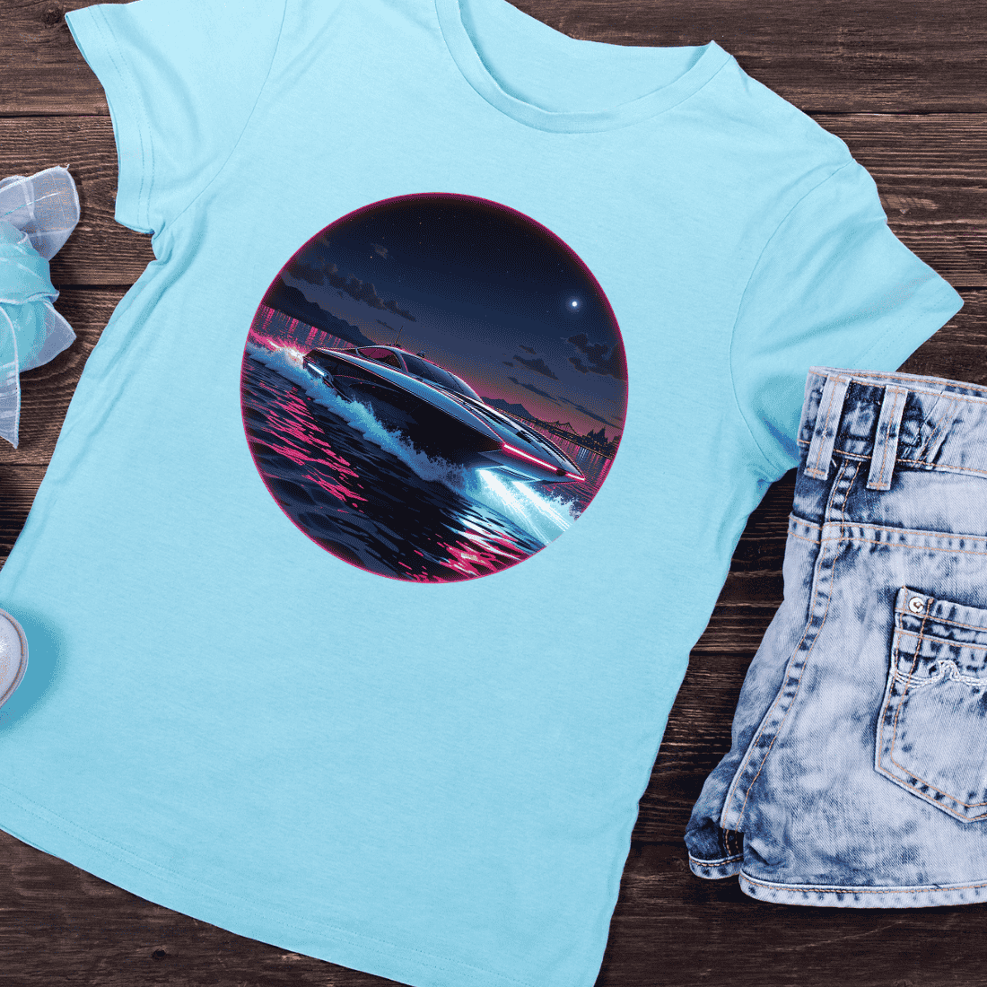 Neon Speedboat on Water with Abstract Lines T-Shirt Design preview image.