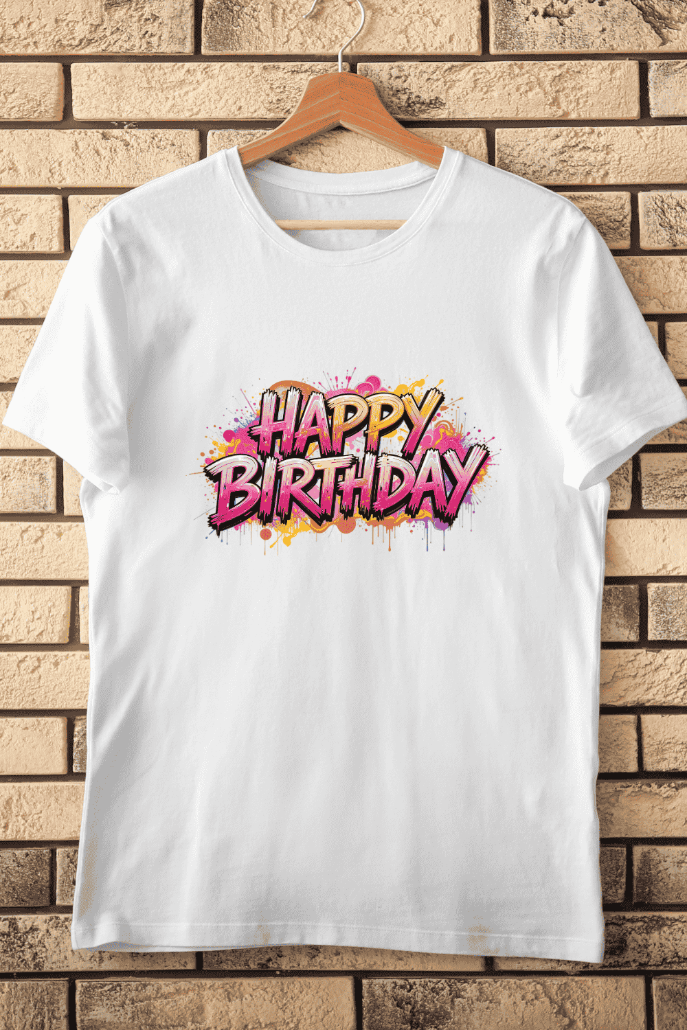 Colorful Birthday Typography with Splatter Effect T-Shirt Design pinterest preview image.