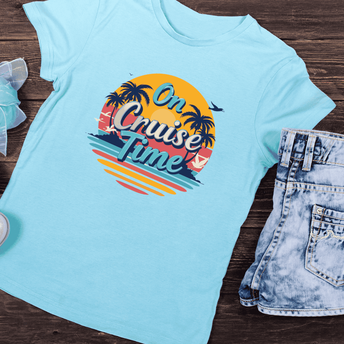 Cruise Time with Palm Trees and Sunset T-Shirt Design preview image.