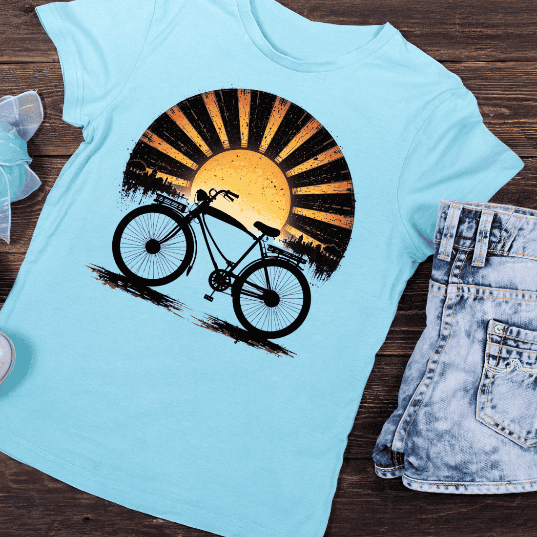 Vintage Bicycle Silhouette Sunset T-shirt Design preview image.