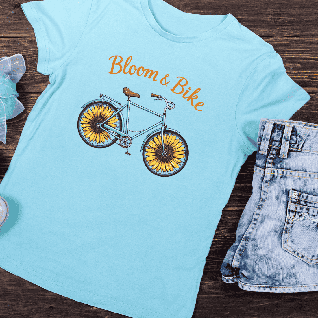 Bloom & Bike Vintage Bicycle with Sunflower Wheels T-shirt Design preview image.