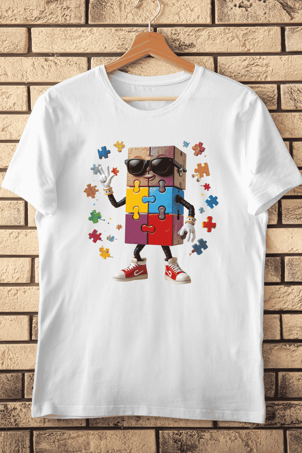 Puzzle Piece Character with Sunglasses T-Shirt Design pinterest preview image.