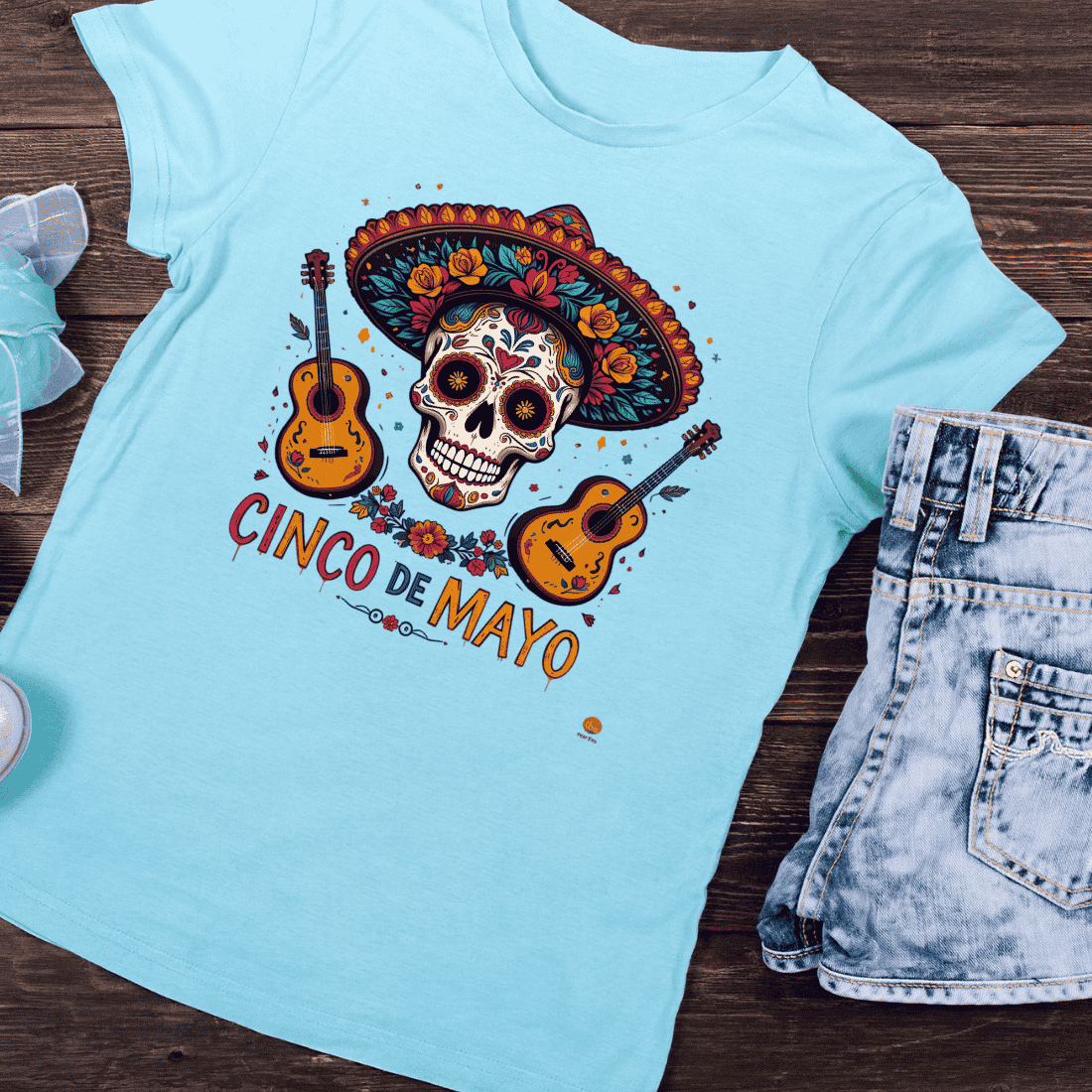 Festive Cinco de Mayo Skull and Guitars T-Shirt Design preview image.