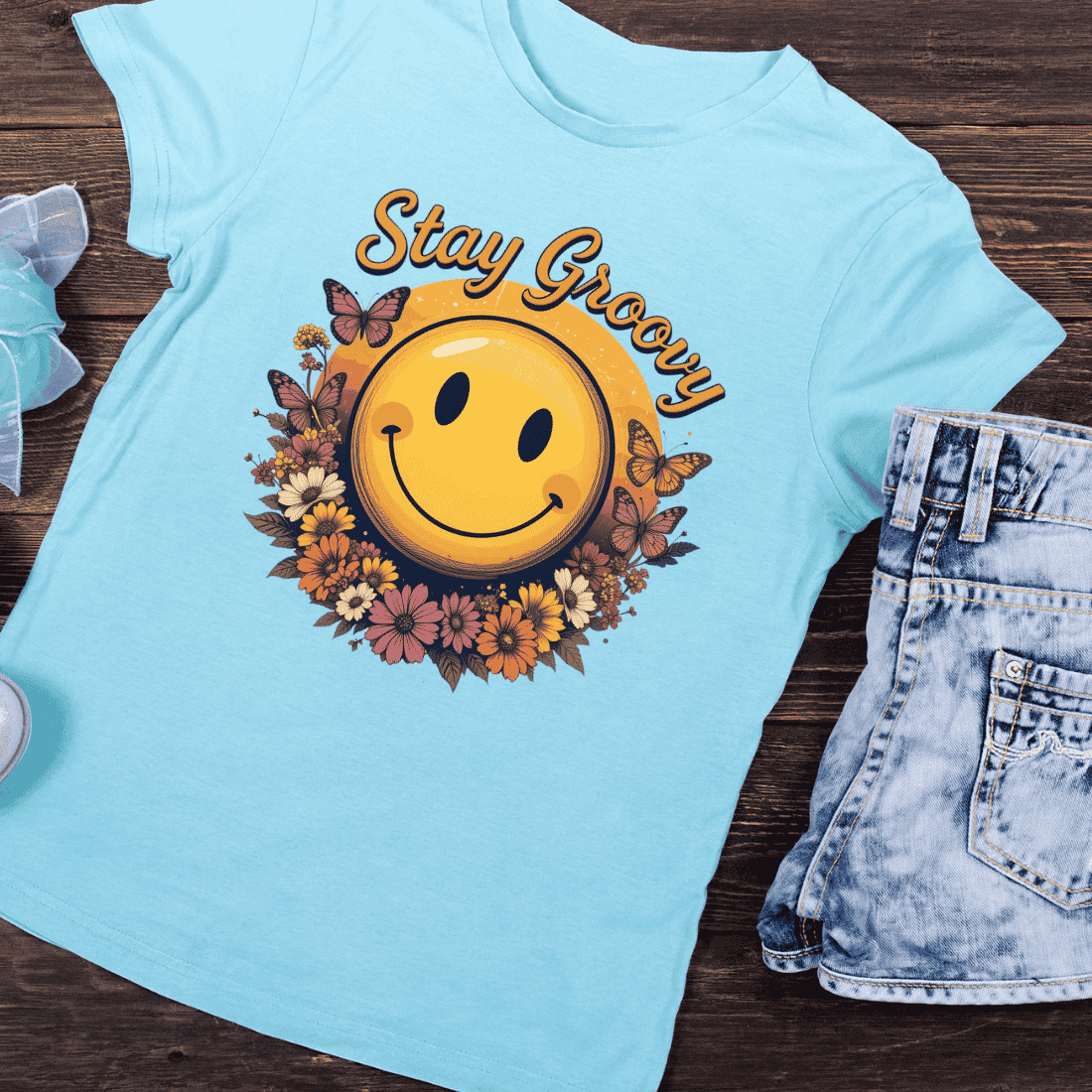 Retro Stay Groovy Smiley T-Shirt Design preview image.