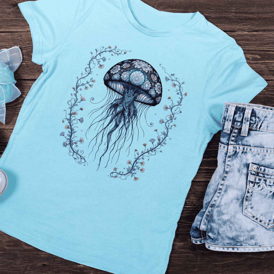 Underwater Ornate Jellyfish T-shirt Design preview image.