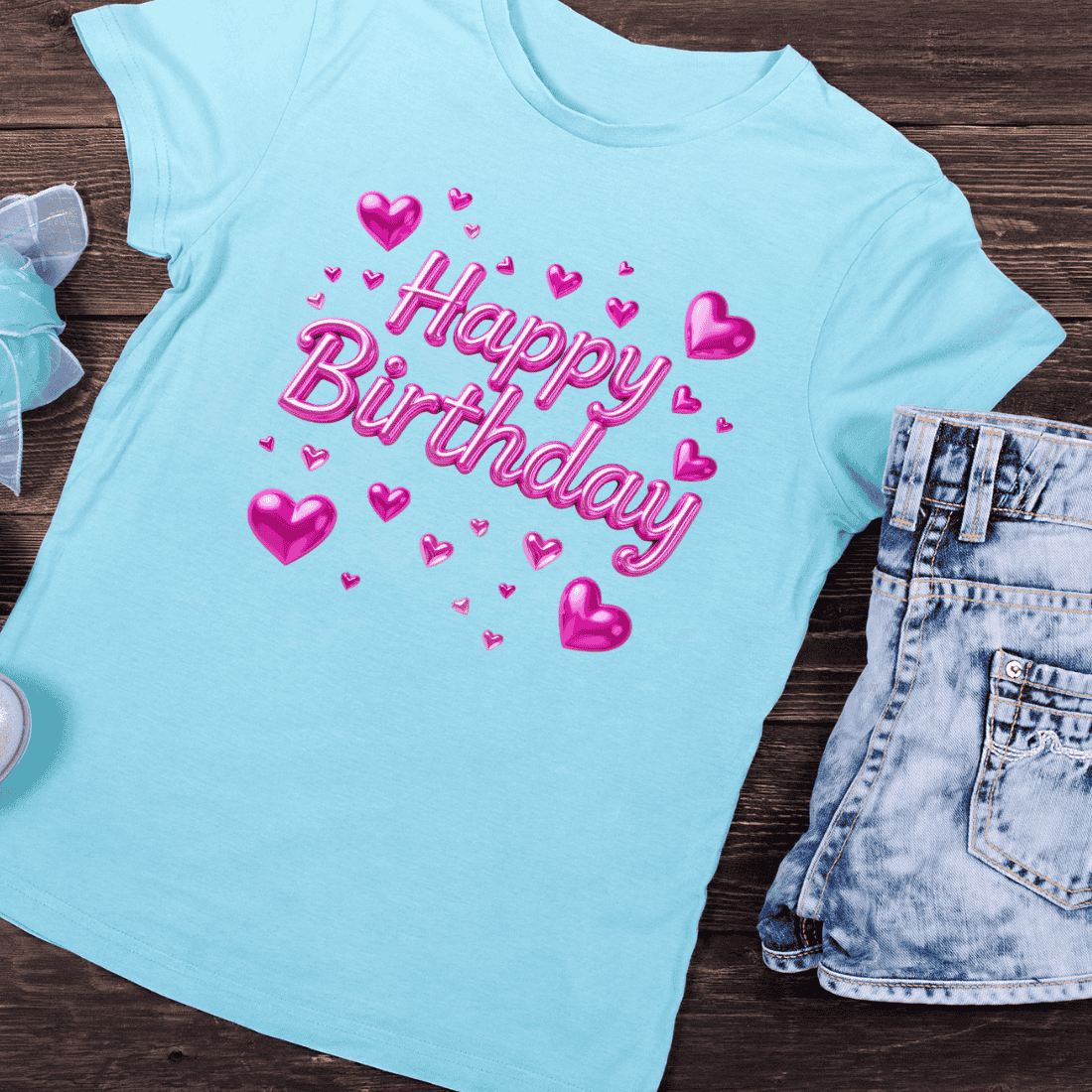 3D Happy Birthday with Pink Love Hearts T-Shirt Design preview image.