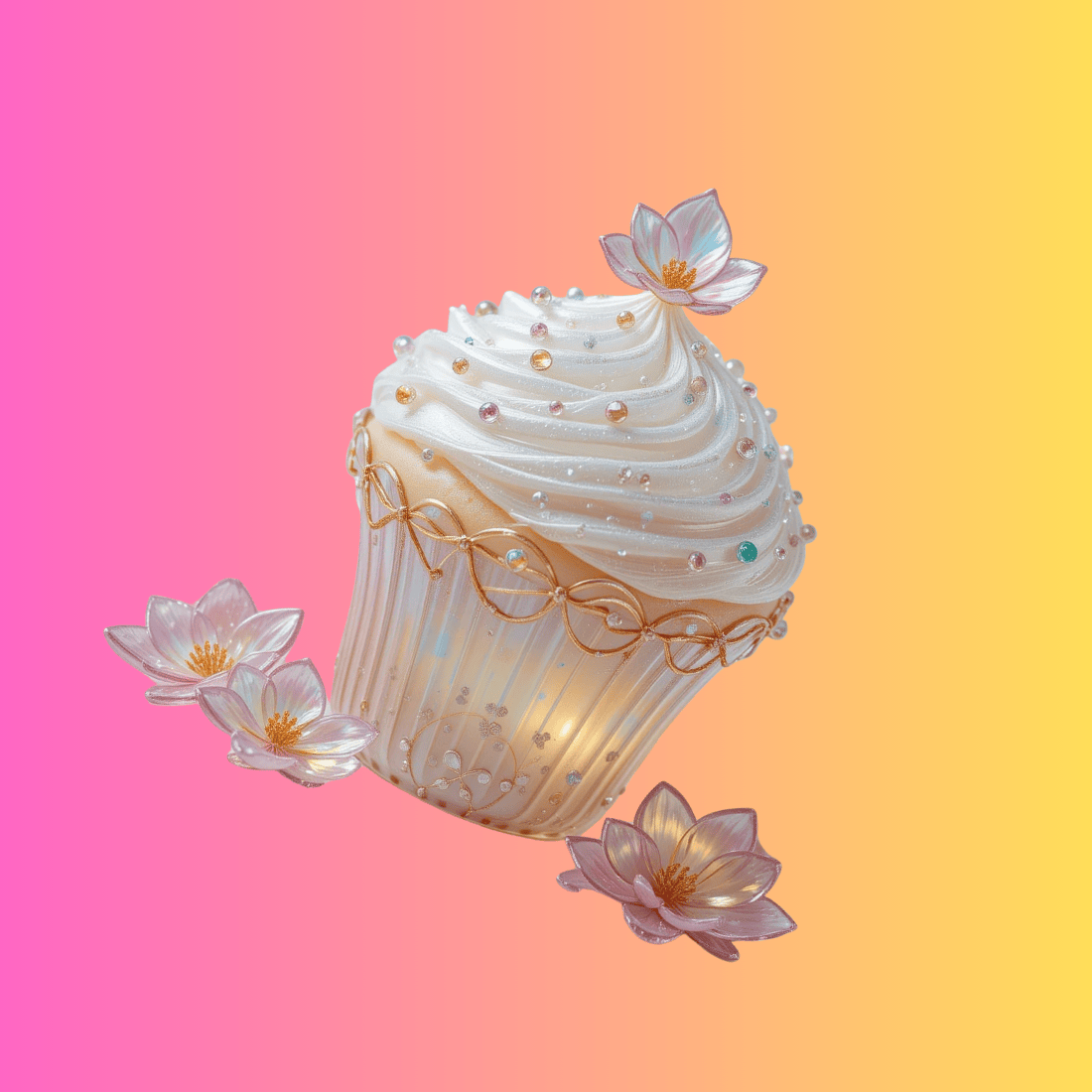 Pastel Cupcake with Glass Container and Flowers Illustration preview image.