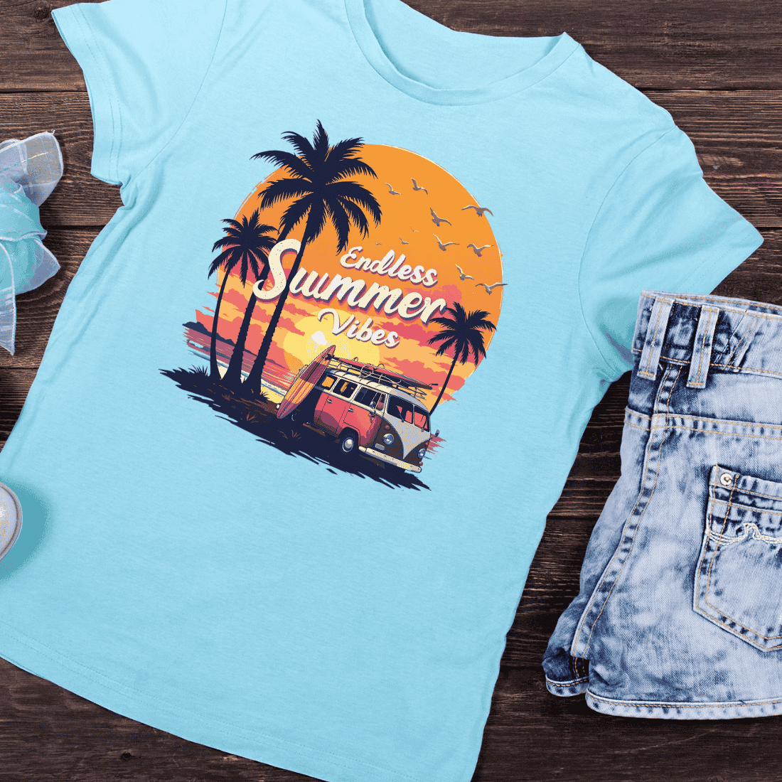 Tropical Sunset with Palm Trees and Van T-Shirt Design preview image.