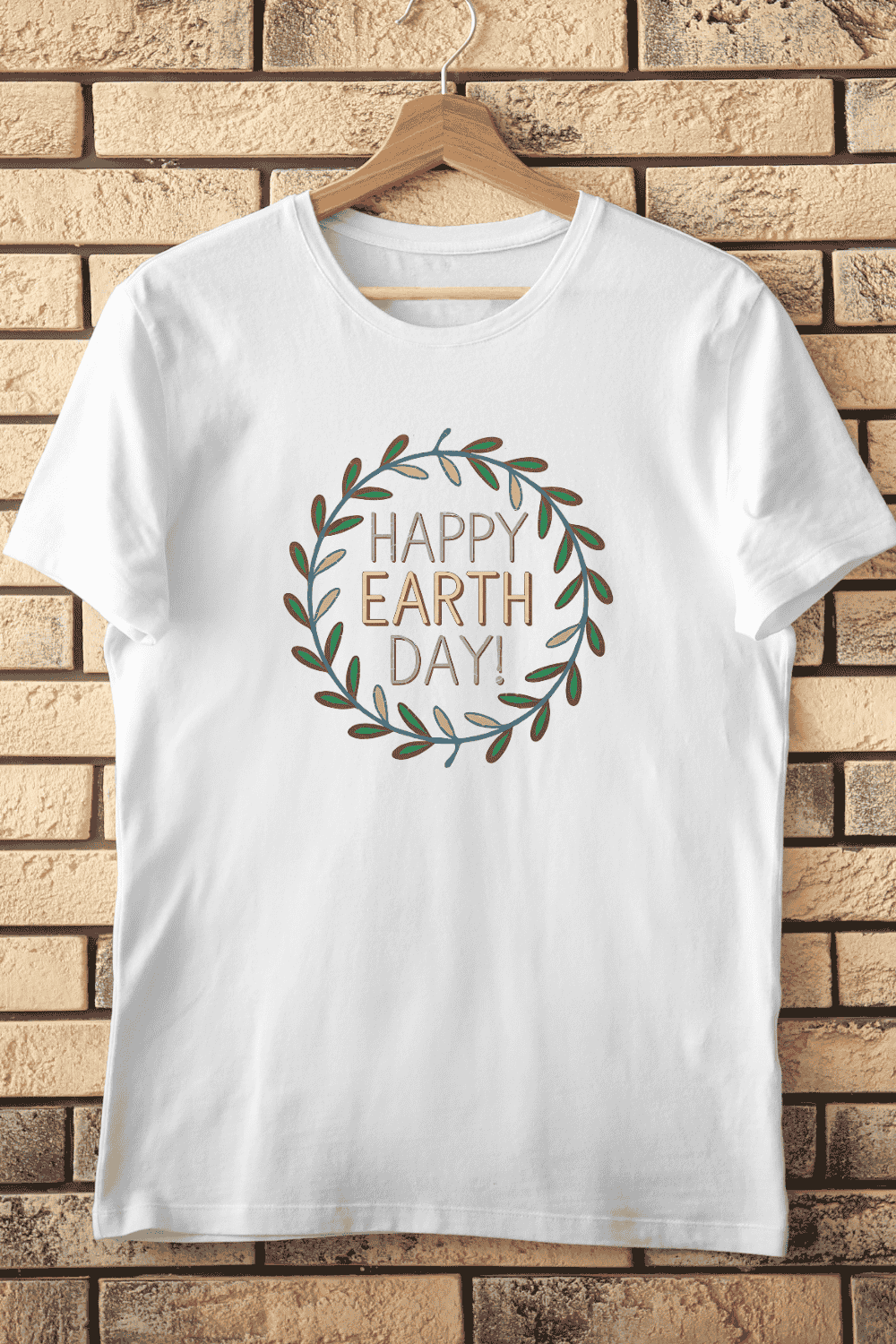 Earth Day Leaf Wreath with Typography T-shirt Design pinterest preview image.