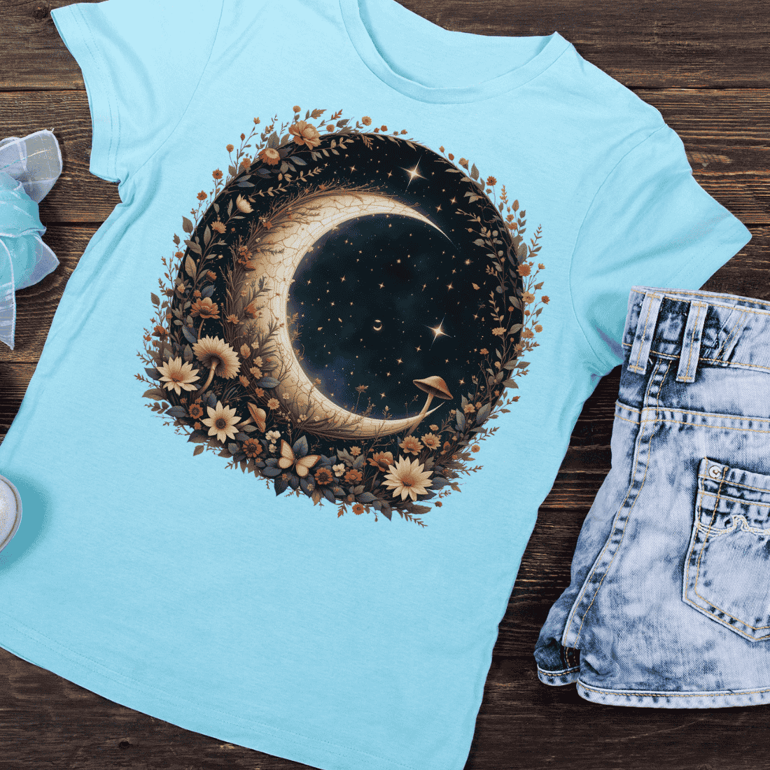 Crescent Moon Floral Fantasy T-shirt Design preview image.