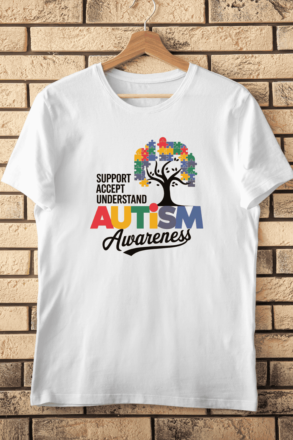 Autism Awareness Tree with Puzzle Pieces T-Shirt Design pinterest preview image.