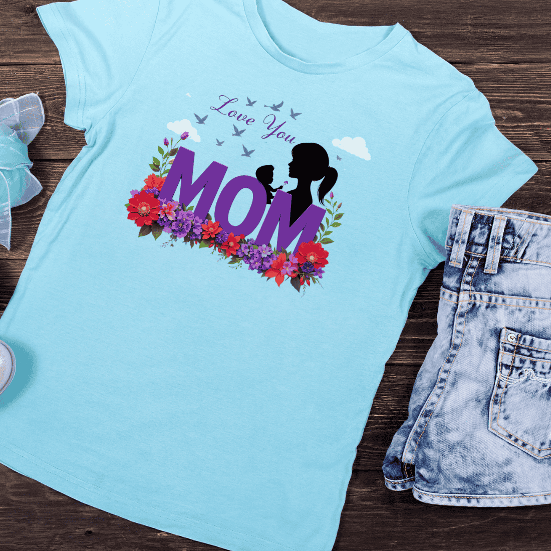 Silhouette with Floral Wreath and Love You Mom T-shirt Design preview image.