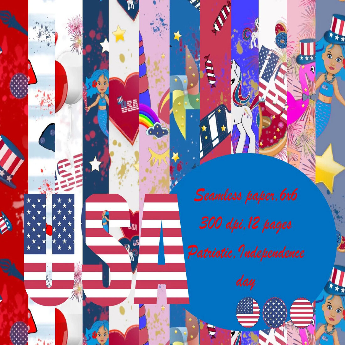 Seamless paper Patriotic,Independence day,mermaid paper,unicorn 4th of July,flamingo paper,6x6,Patriotic fabric printable,digital paper cover image.