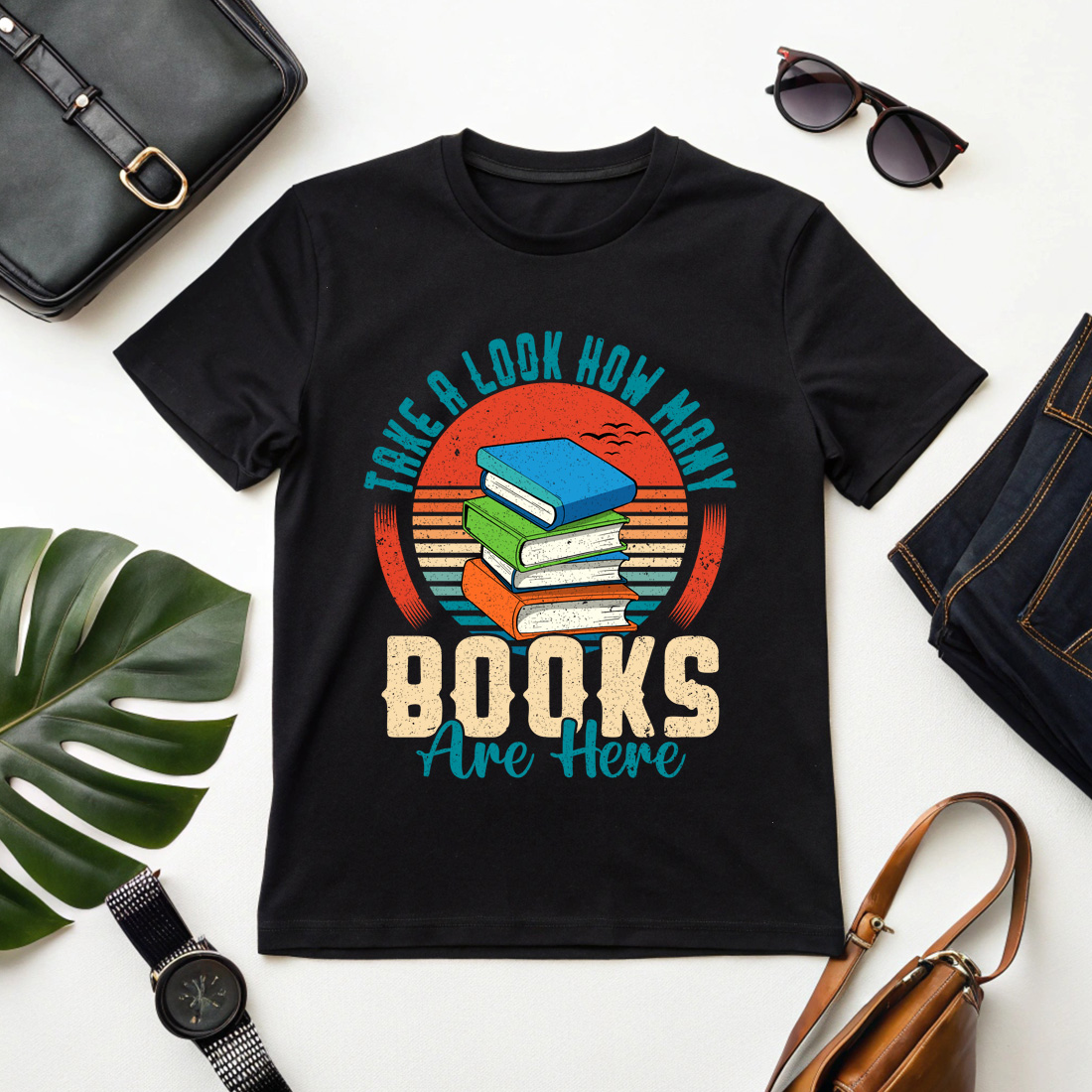 vintage book lover t-shirt design with retro sunset and stacked books illustration cover image.