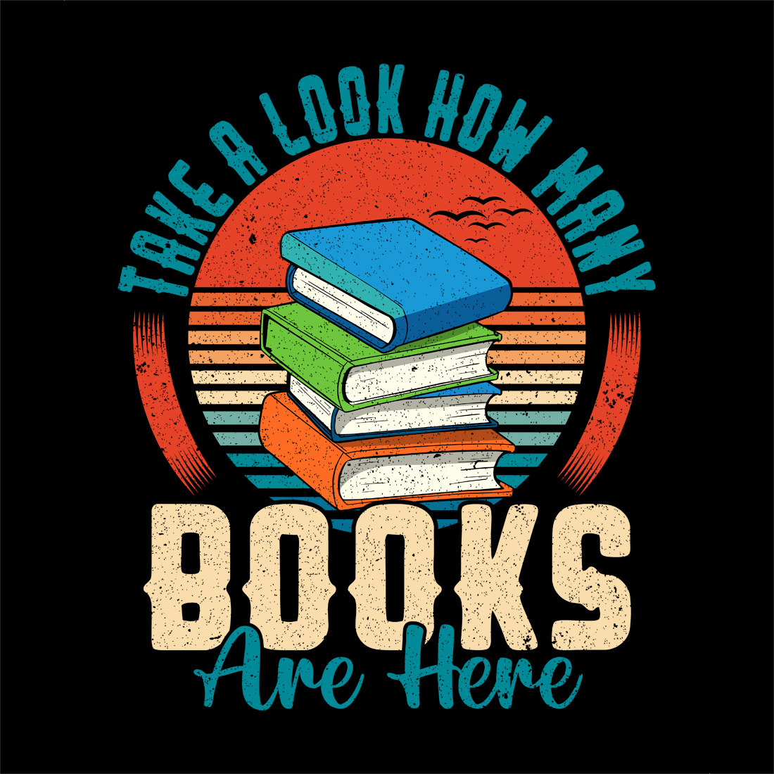 vintage book lover t-shirt design with retro sunset and stacked books illustration preview image.