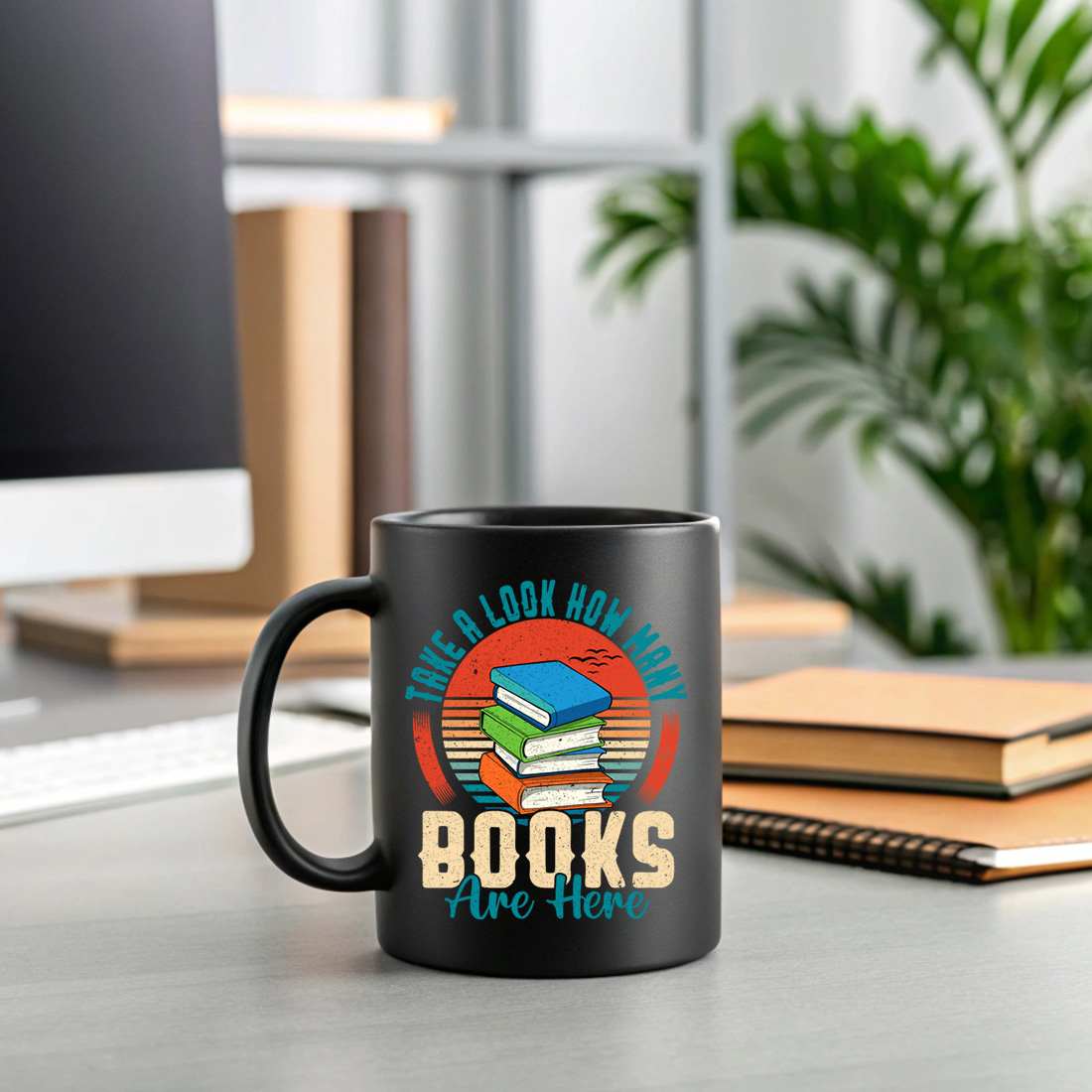 vintage book lover t shirt design with retro sunset and stacked books illustration 2 black mug mock up 938