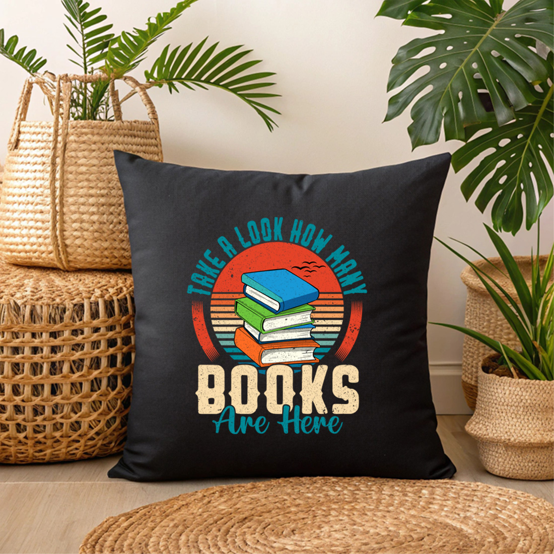 vintage book lover t shirt design with retro sunset and stacked books illustration 3 black pillow mock up 603